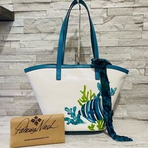 Patricia Nash Leather Marconia Striped Fish Spot Print Tote Bag Matching Scarf